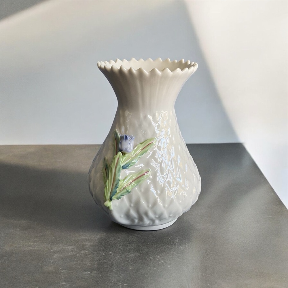 Belleek Thistle Top Vase 5.5” tall blue/purple flowers spiky top Ireland NIB